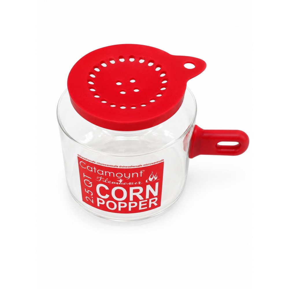 Catamount Glass 2.5 QT Flameware Microwave Corn Popper Glass Red Lid Handle